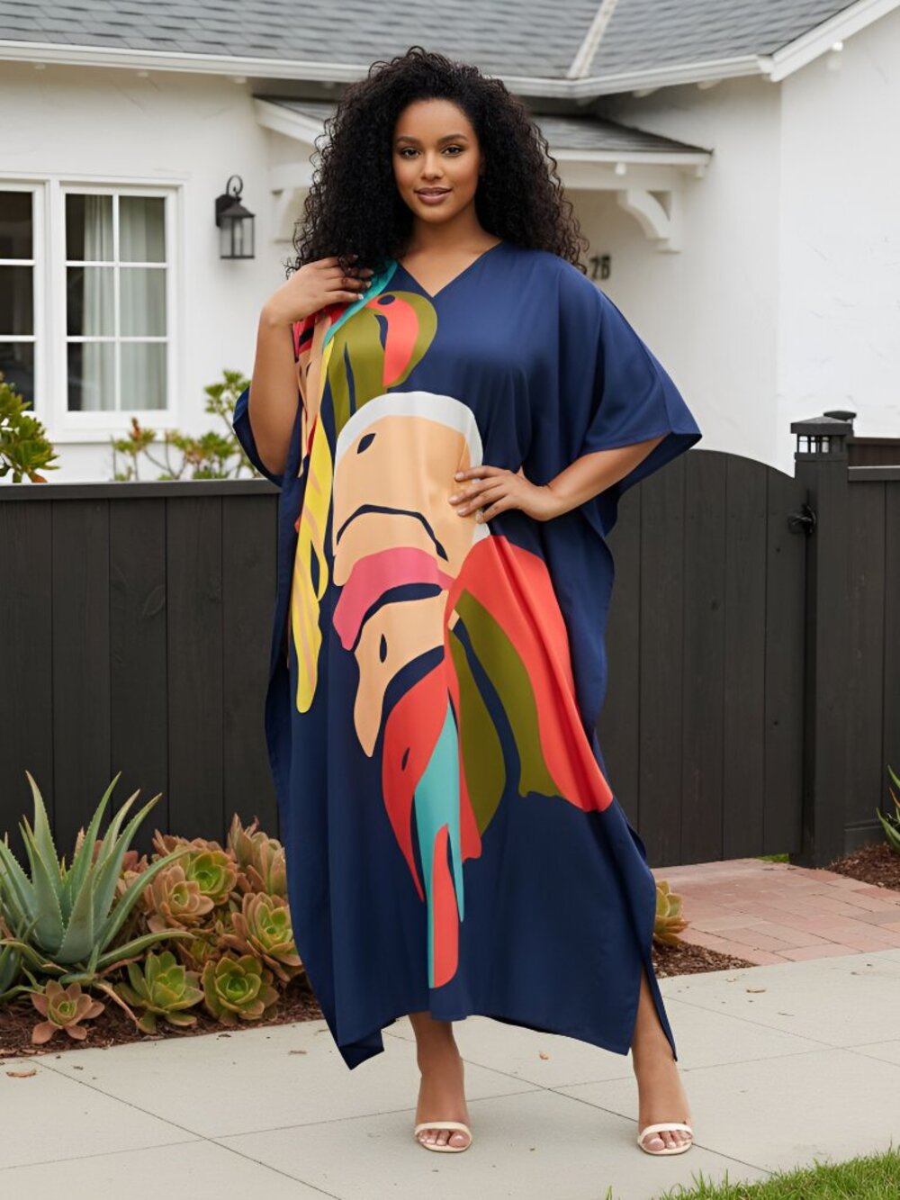 Plus Size Abstract Leaf Printed Blue Caftan Dress Polyester Maxi Mumu Dresses